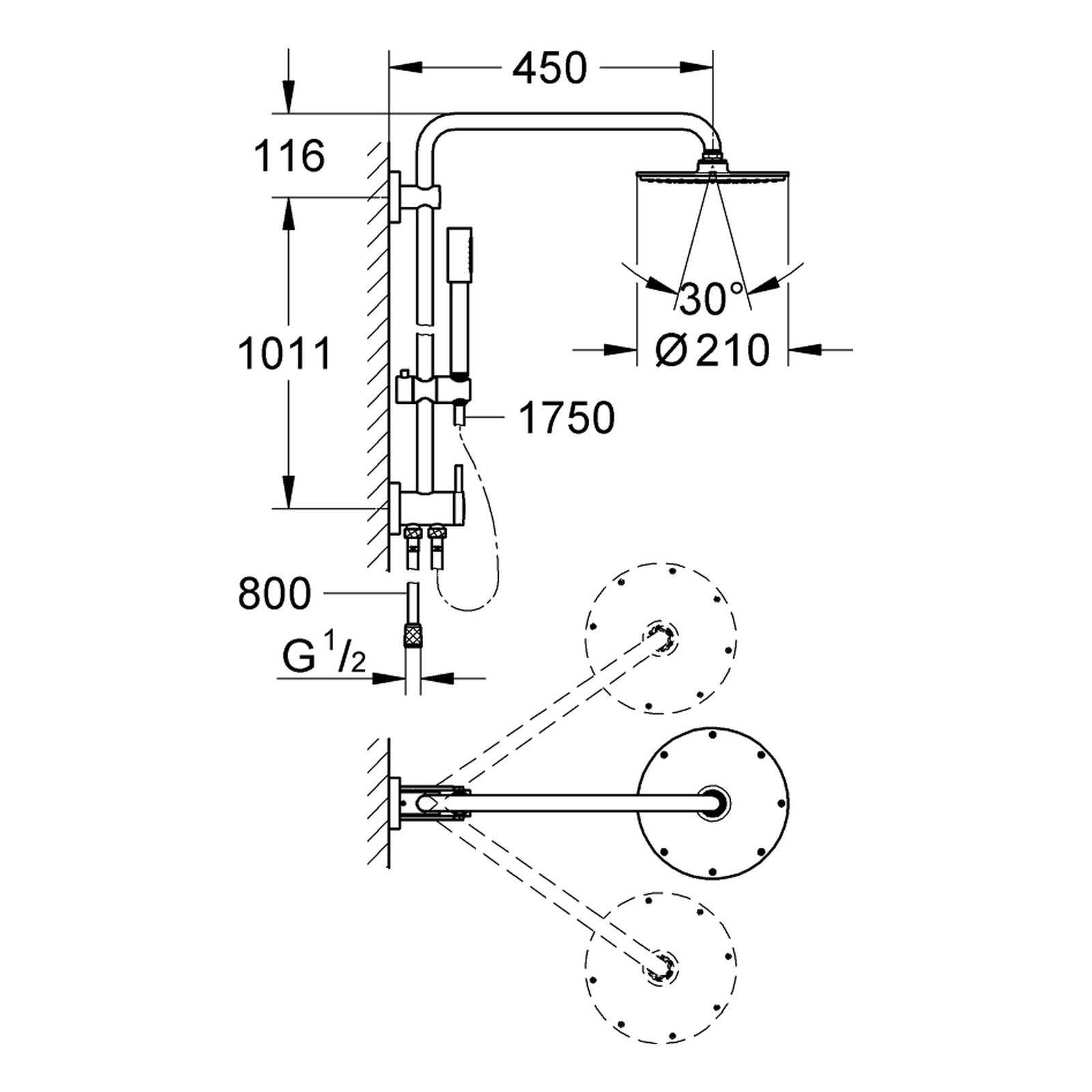 Maattekening Grohe Rainshower System 210 douchesysteem