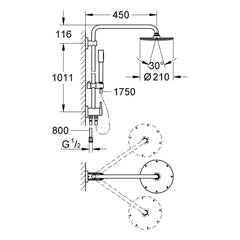 Maattekening Grohe Rainshower System 210 douchesysteem