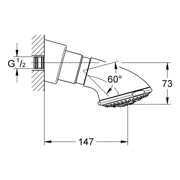 Maattekening Grohe Relexa 100 Massage hoofddouche 4 straalsoorten