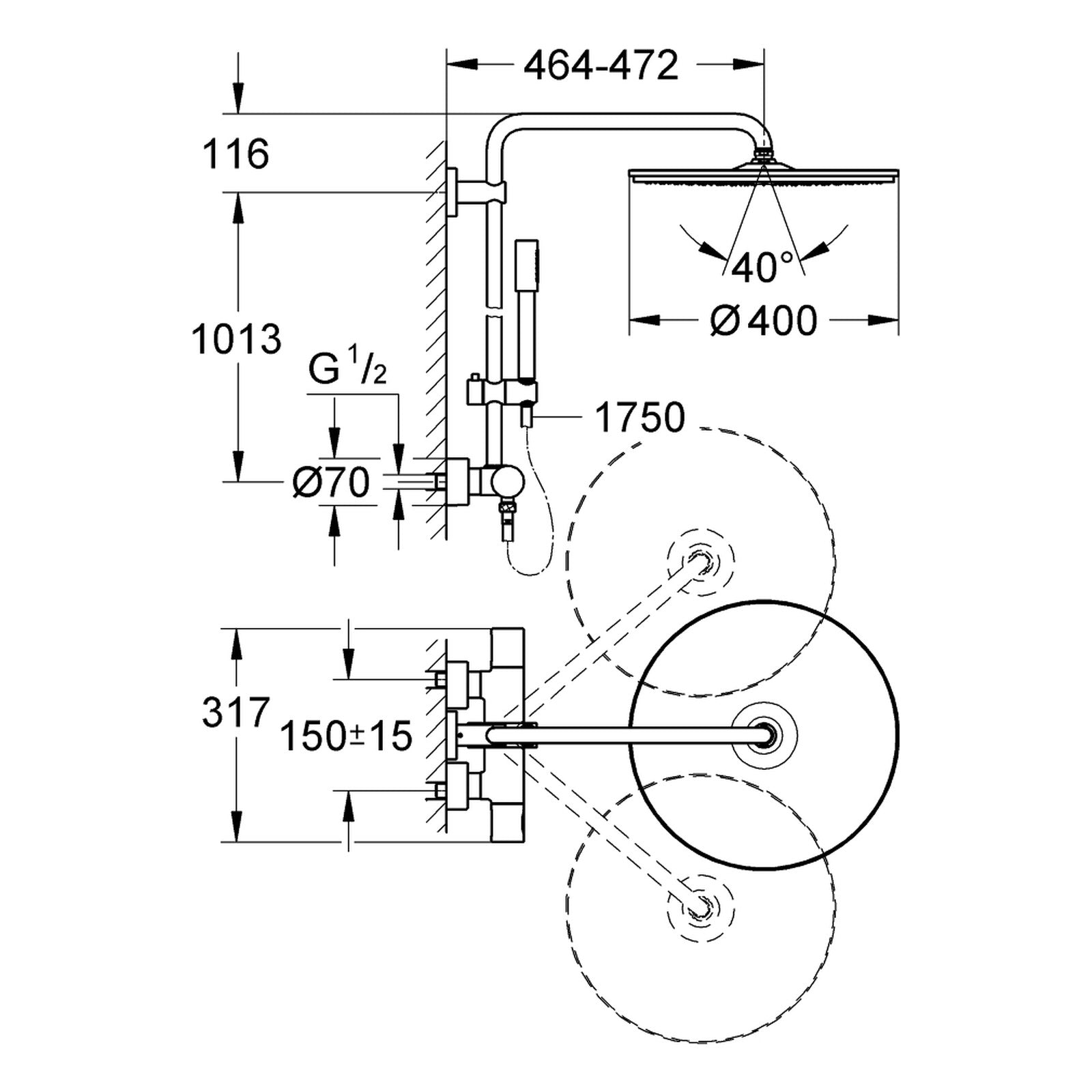 Maattekening Grohe Rainshower System 400 douchesysteem met thermostaatkraan