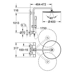 Maattekening Grohe Rainshower System 400 douchesysteem met thermostaatkraan