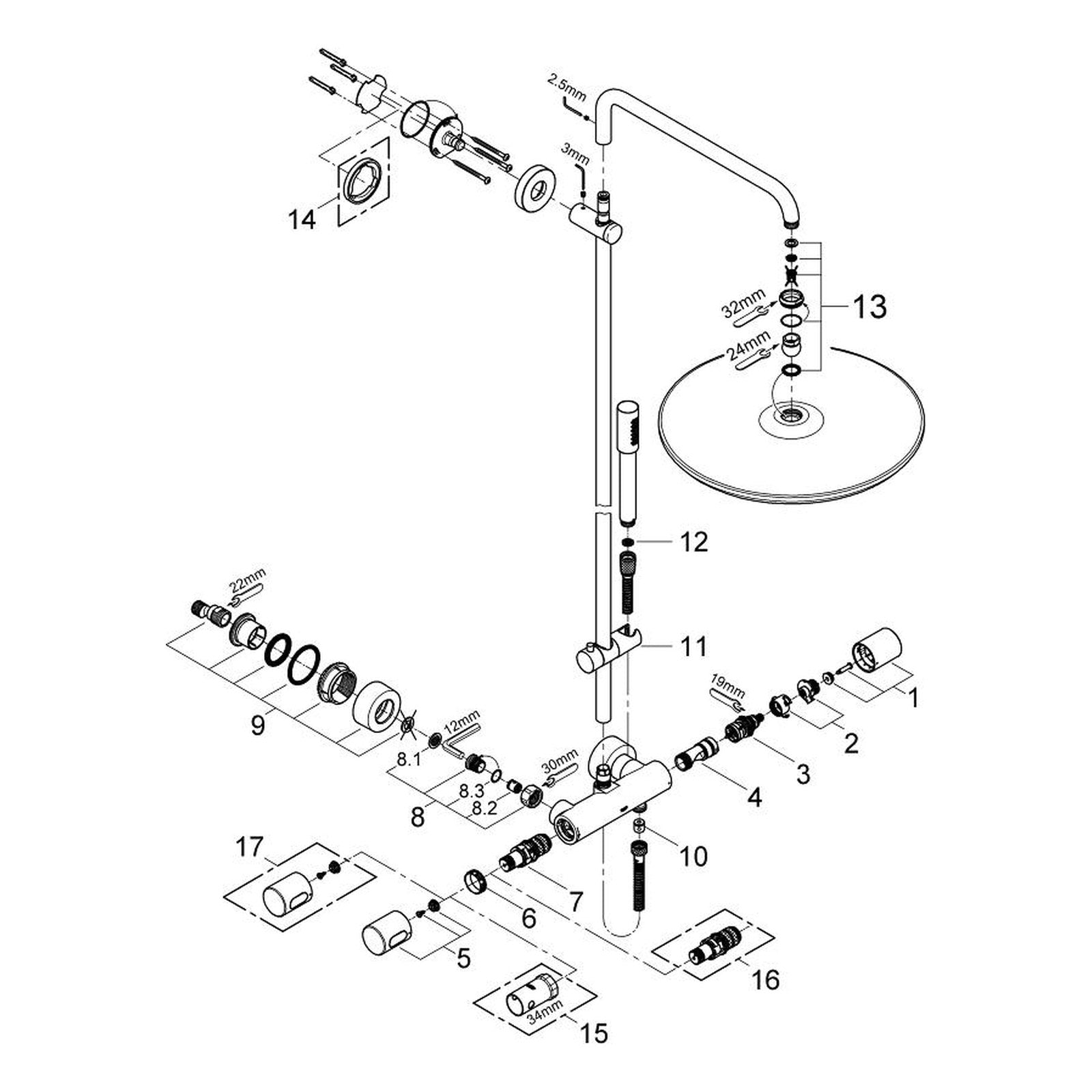 Onderdelentekening Grohe Rainshower System 400 douchesysteem met thermostaatkraan 2009–2013