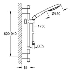 Maattekening Grohe Rainshower Solo 150 doucheset 2 straalsoorten