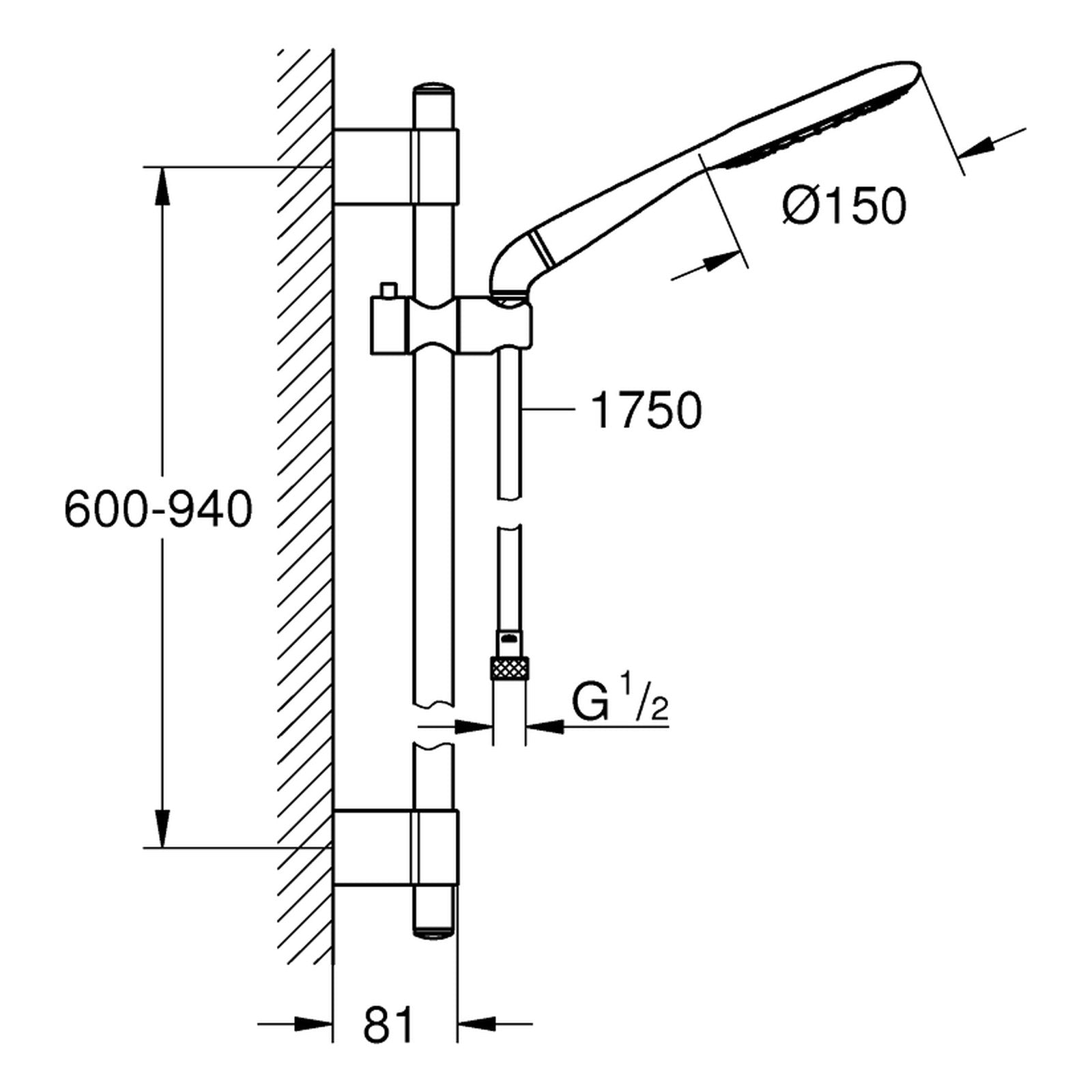 Maattekening Grohe Rainshower Icon 150 doucheset 2 straalsoorten
