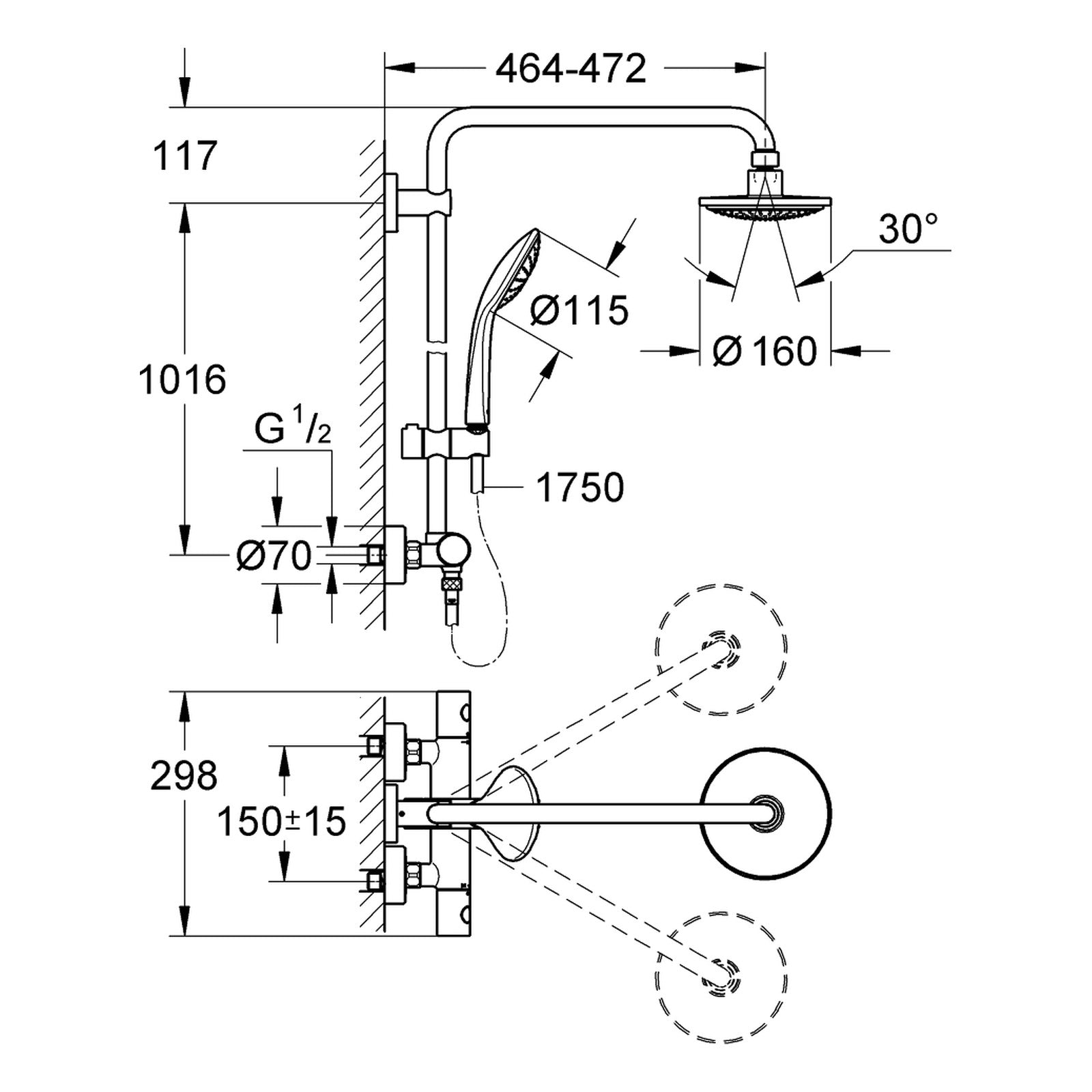 Maattekening Grohe Euphoria System 160 douchesysteem met thermostaatkraan