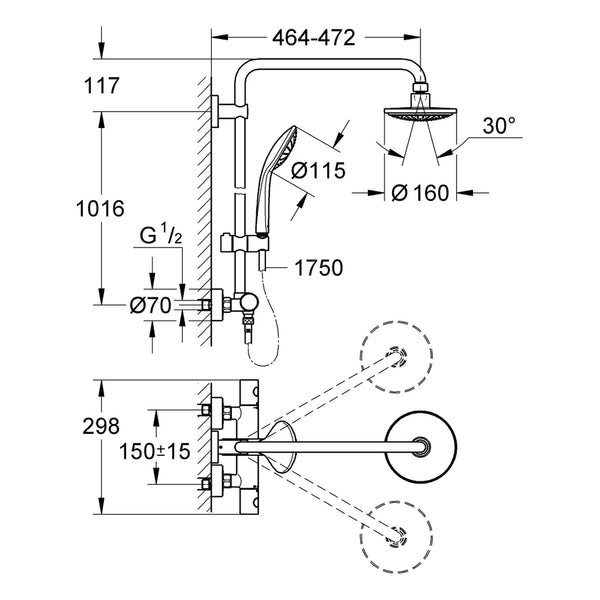 Maattekening Grohe Euphoria System 160 douchesysteem met thermostaatkraan