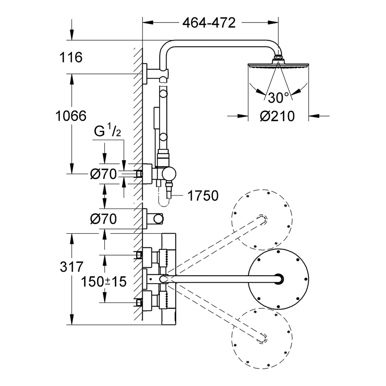 Maattekening Grohe Rainshower System 210 douchesysteem met thermostaatkraan en zijdouches