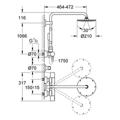 Maattekening Grohe Rainshower System 210 douchesysteem met thermostaatkraan en zijdouches