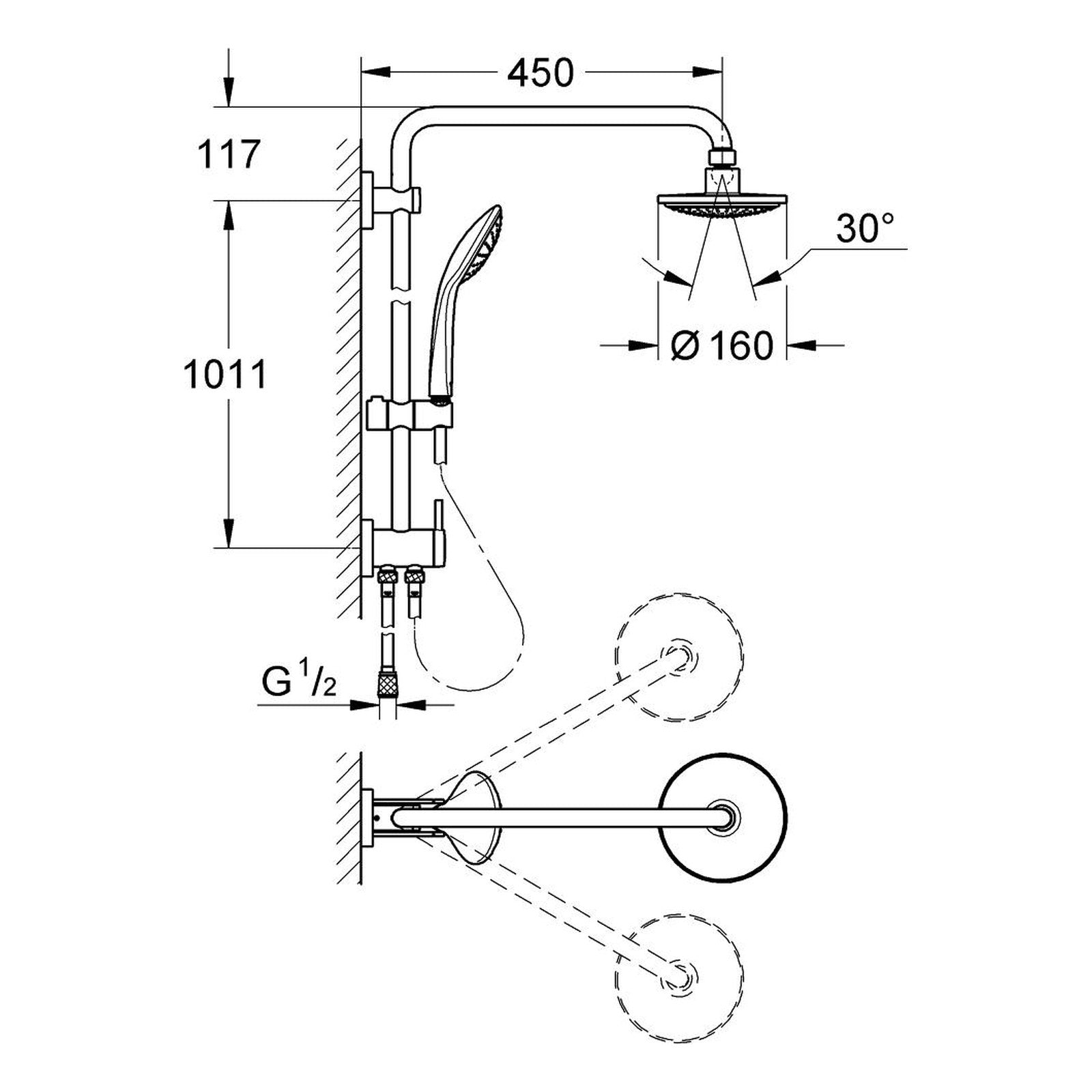 Maattekening Grohe Euphoria System 160 douchesysteem