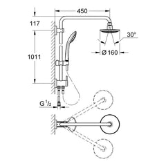 Maattekening Grohe Euphoria System 160 douchesysteem