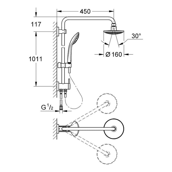 Maattekening Grohe Euphoria System 160 douchesysteem