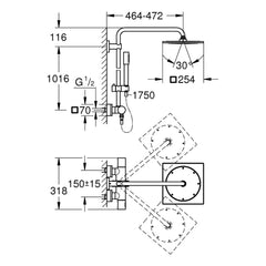 Maattekening Grohe Rainshower F-Series System 254 douchesysteem met thermostaatkraan