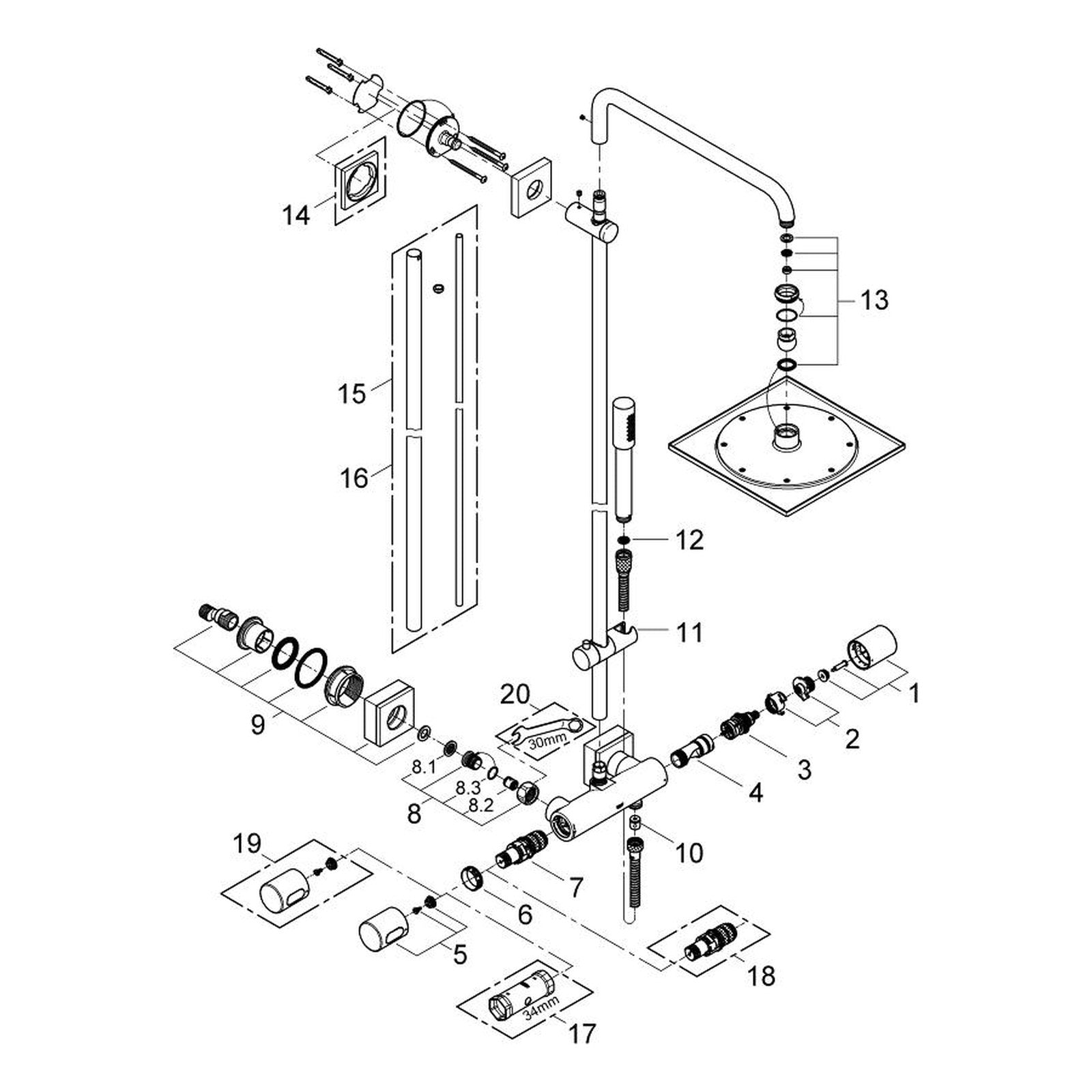 Onderdelentekening Grohe Rainshower F-Series System 254 douchesysteem met thermostaatkraan 2011–2013