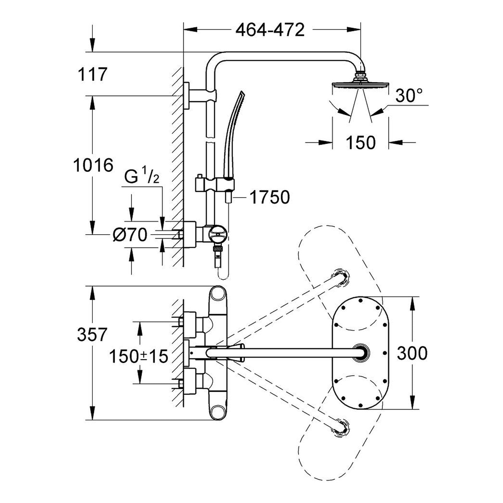 Maattekening Grohe Rainshower System Veris 300 douchesysteem met thermostaatkraan
