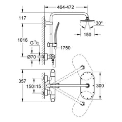 Maattekening Grohe Rainshower System Veris 300 douchesysteem met thermostaatkraan