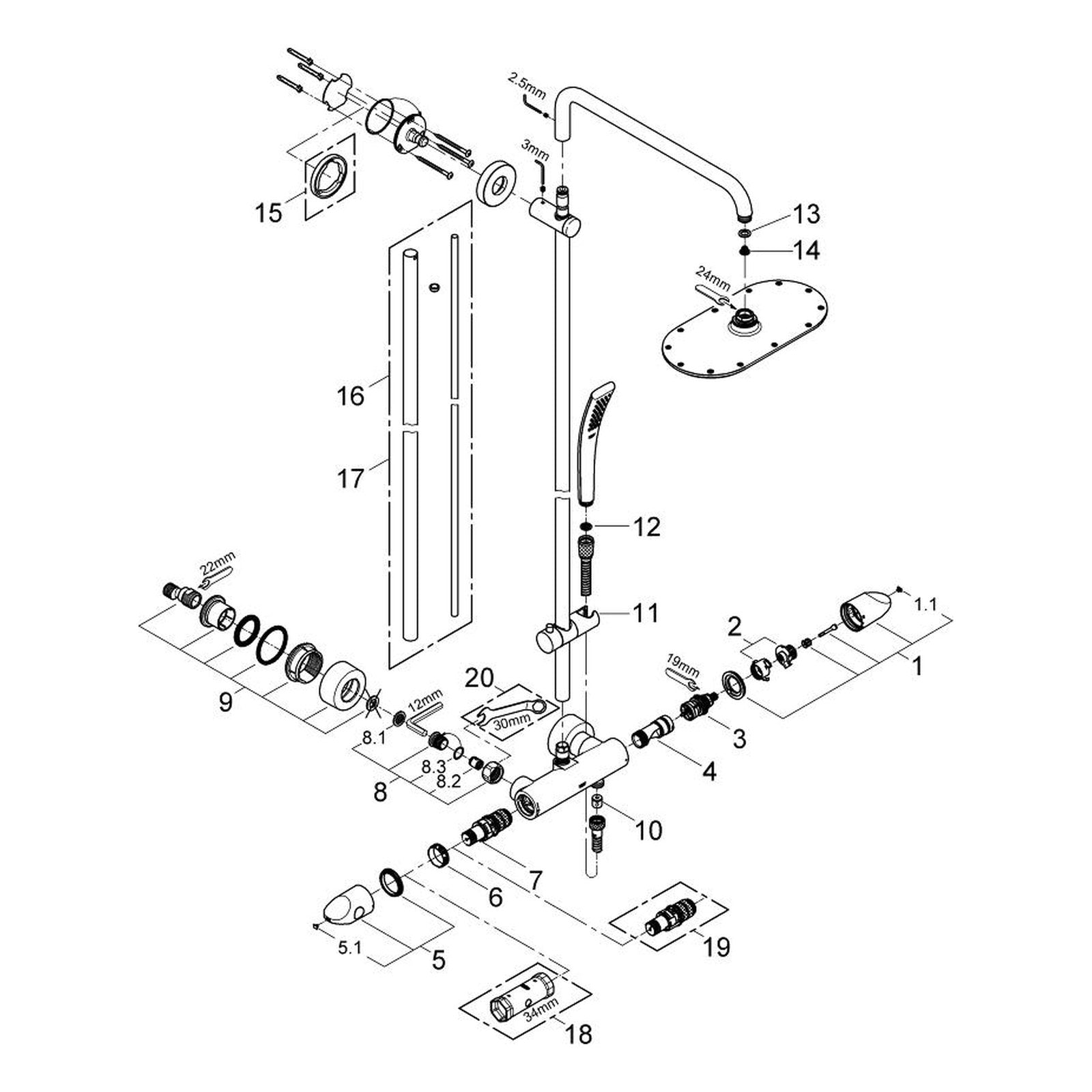 Onderdelentekening Grohe Rainshower System Veris 300 douchesysteem met thermostaatkraan 2010–2013