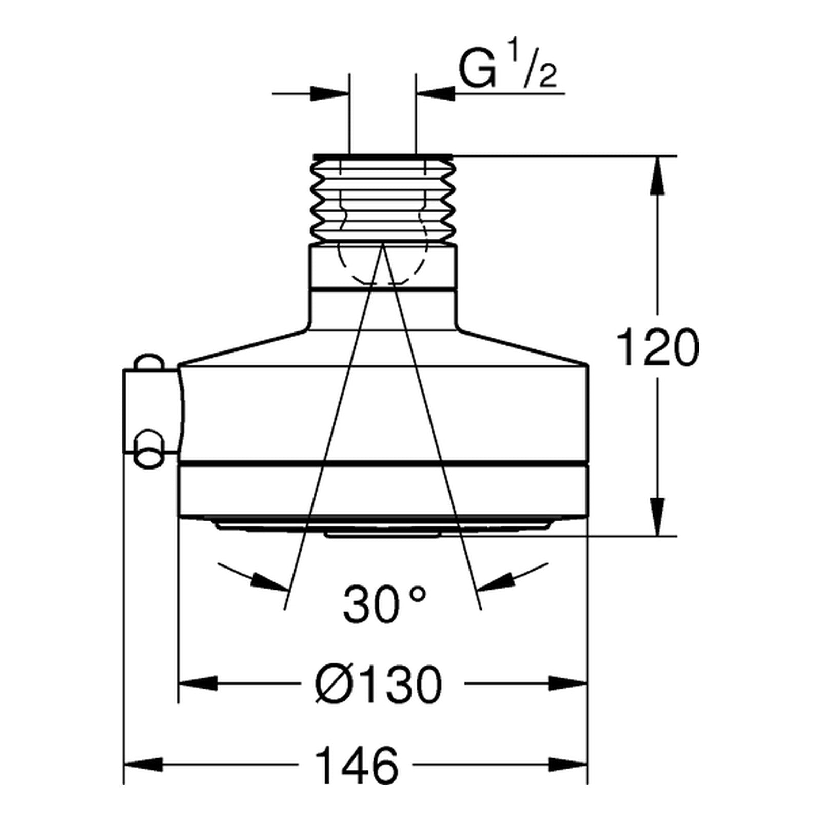 Maattekening Grohe Relexa Deluxe 130 hoofddouche 4 straalsoorten