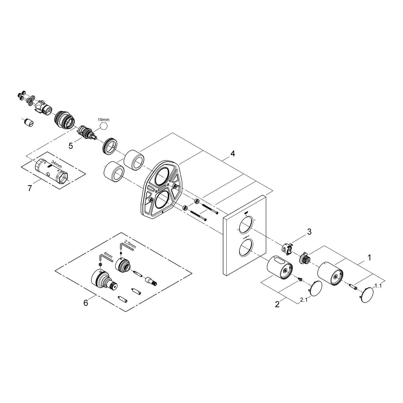 Onderdelentekening Grohe Grohtherm F douchethermostaat 2010–2014