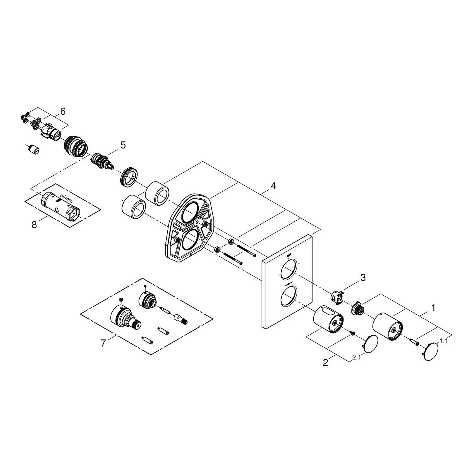 Onderdelentekening Grohe Grohtherm F douchethermostaat 2014–2025