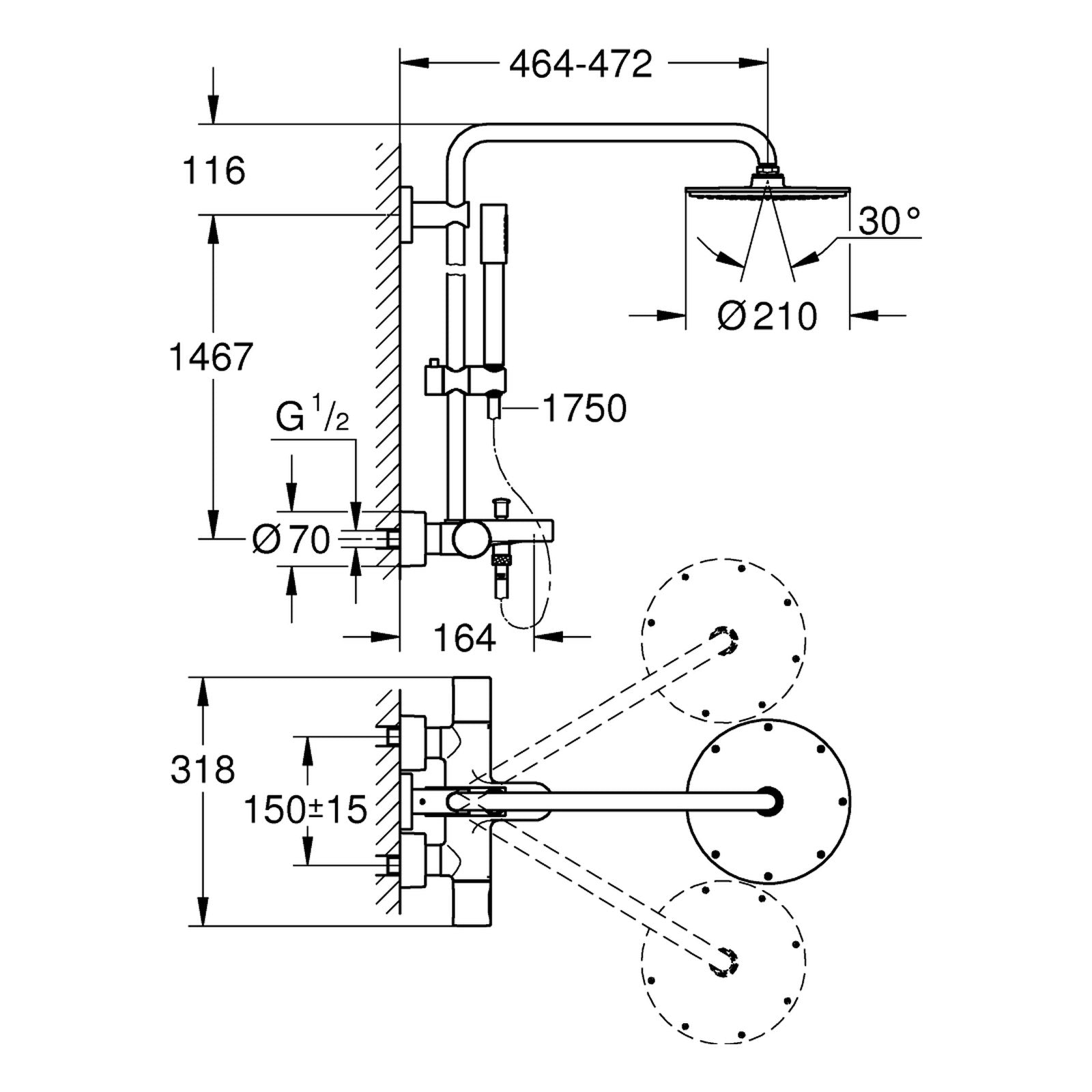 Maattekening Grohe Rainshower System 210 douchesysteem met badthermostaat