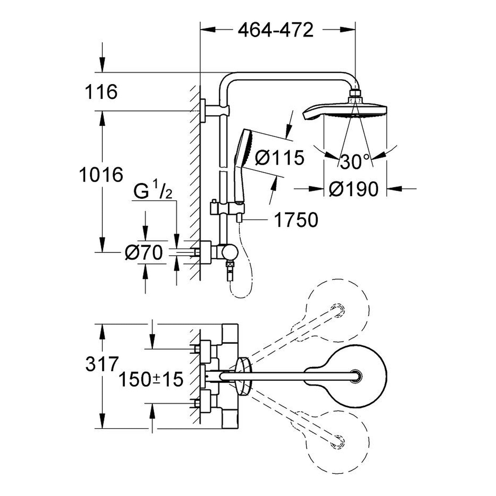 Maattekening Grohe Power&Soul Cosmopolitan System 190 douchesysteem met thermostaatkraan