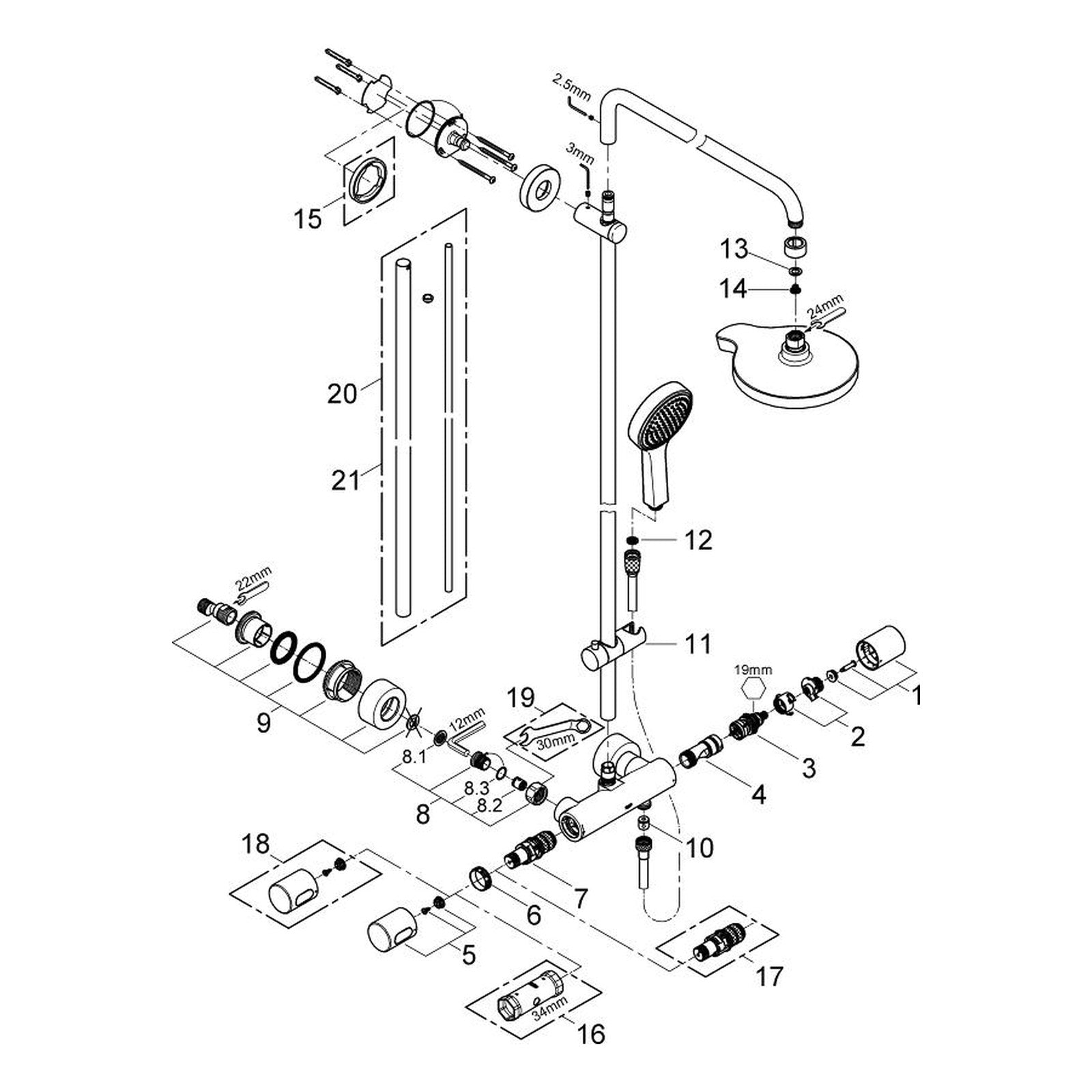 Onderdelentekening Grohe Power&Soul Cosmopolitan System 190 douchesysteem met thermostaatkraan 2011–2013