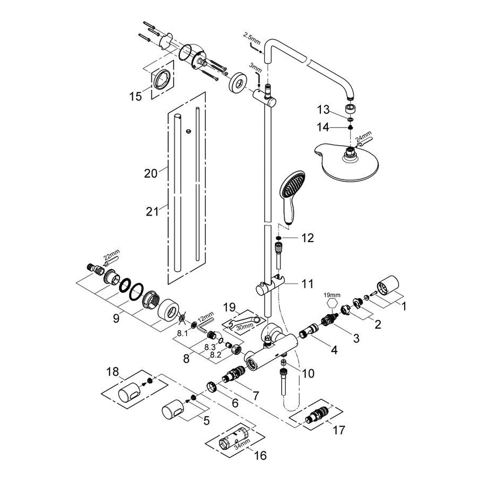 Onderdelentekening Grohe Power&Soul System 190 douchesysteem met thermostaatkraan 2011–2013