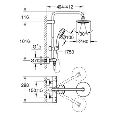 Maattekening Grohe Tempesta Cosmopolitan 160 douchesysteem met thermostaatkraan