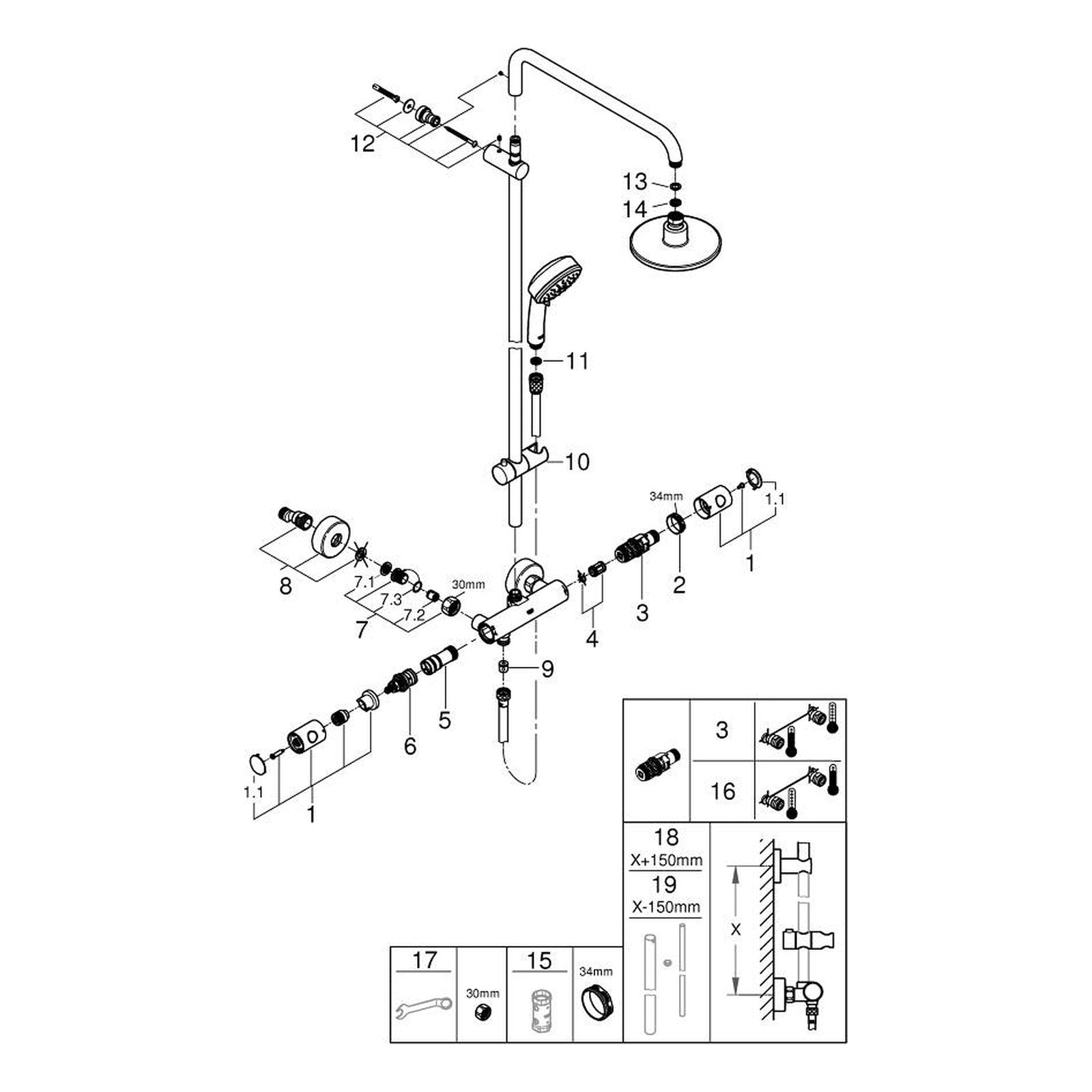 Onderdelentekening Grohe Tempesta Cosmopolitan 160 douchesysteem met thermostaatkraan