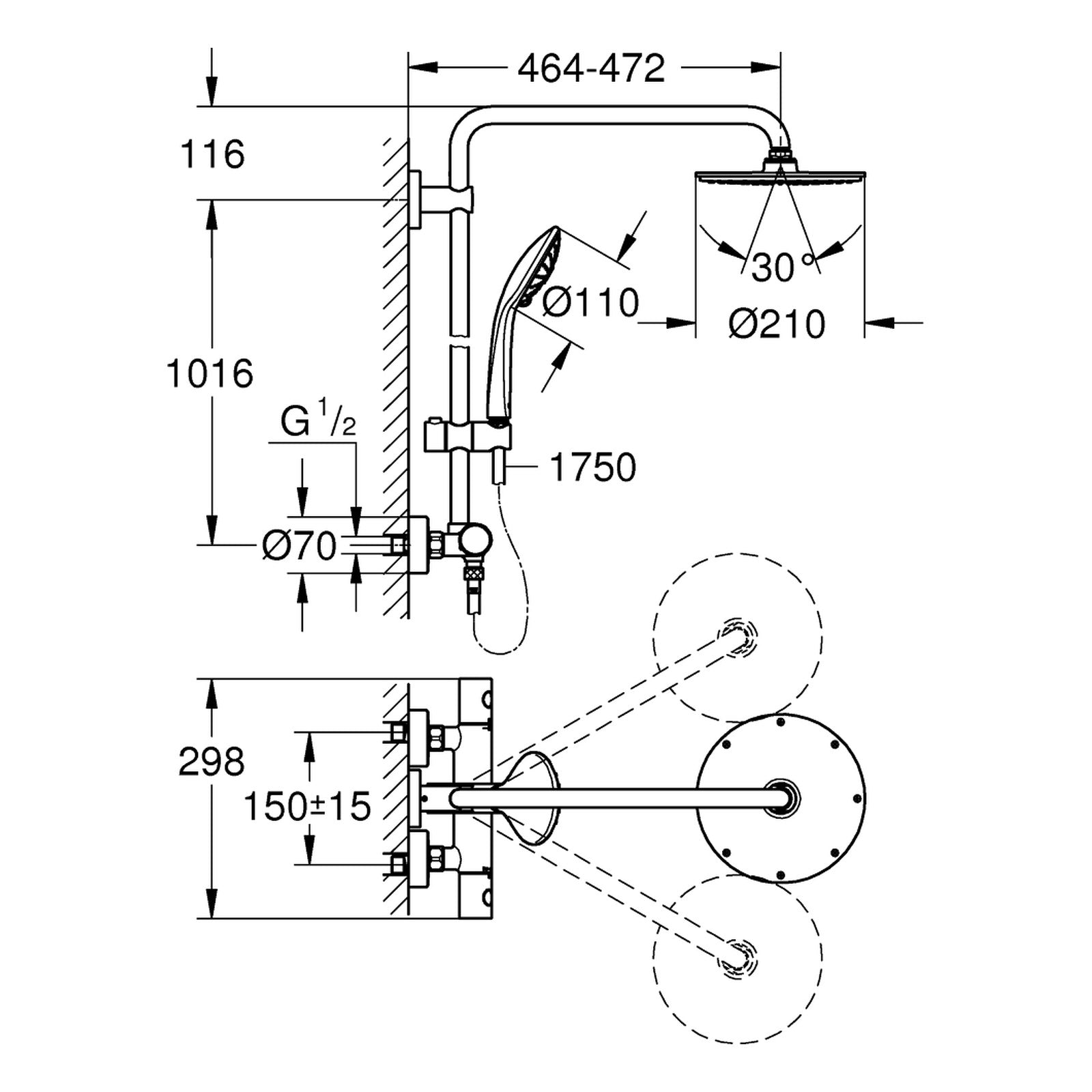 Maattekening Grohe Euphoria System 210 douchesysteem met thermostaatkraan