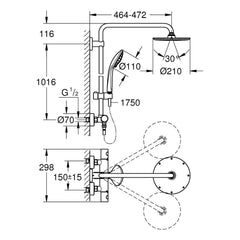 Maattekening Grohe Euphoria System 210 douchesysteem met thermostaatkraan