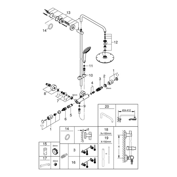 Onderdelentekening Grohe Euphoria System 210 douchesysteem met thermostaatkraan