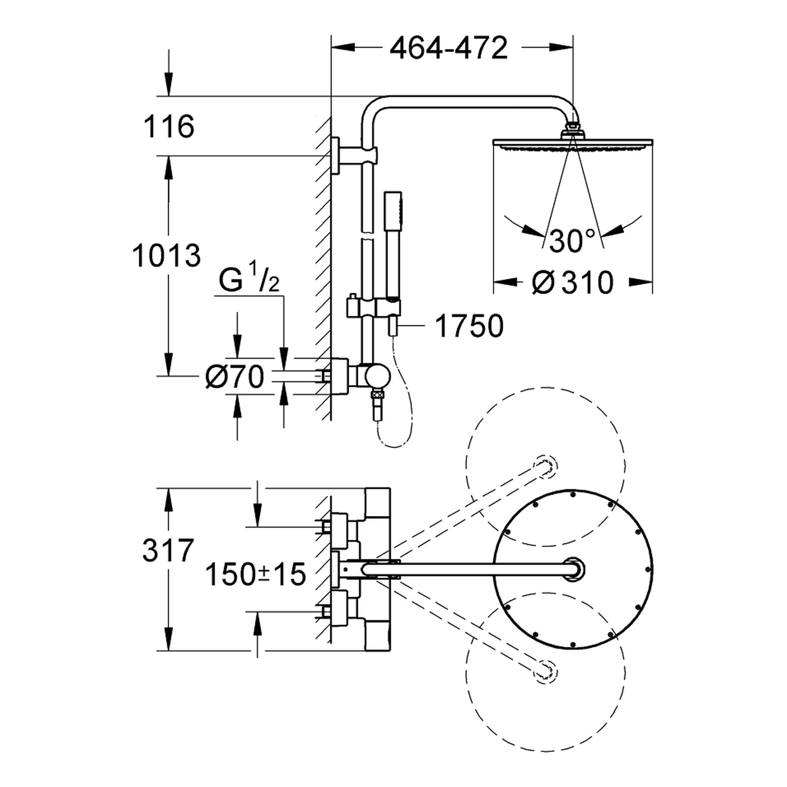 Maattekening Grohe Rainshower System 310 douchesysteem met thermostaatkraan