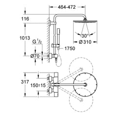 Maattekening Grohe Rainshower System 310 douchesysteem met thermostaatkraan