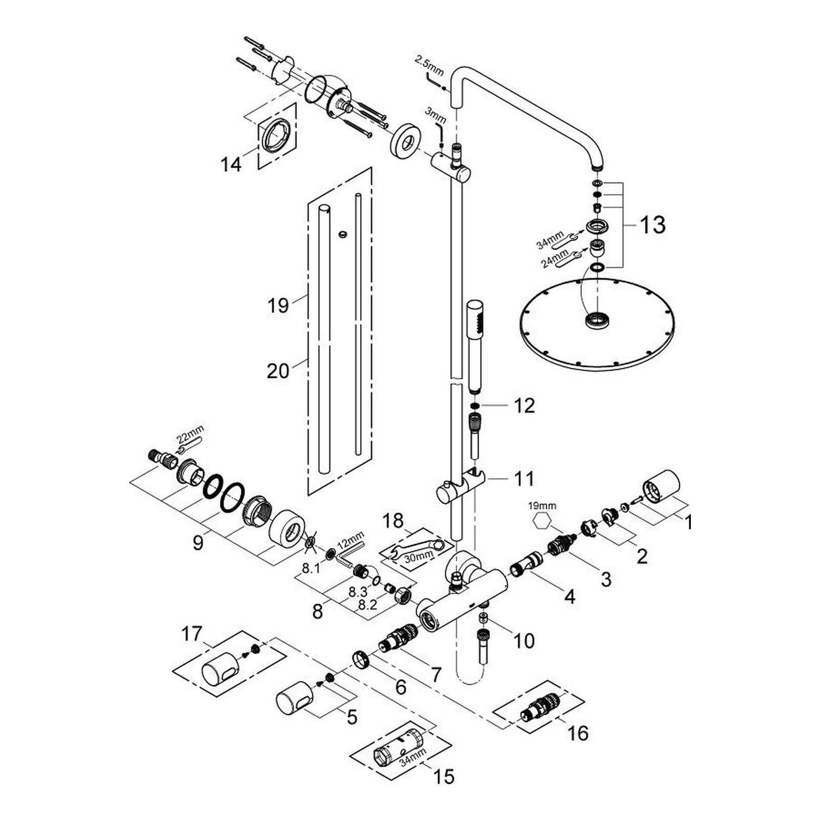 Onderdelentekening Grohe Rainshower System 310 douchesysteem met thermostaatkraan 2012–2013