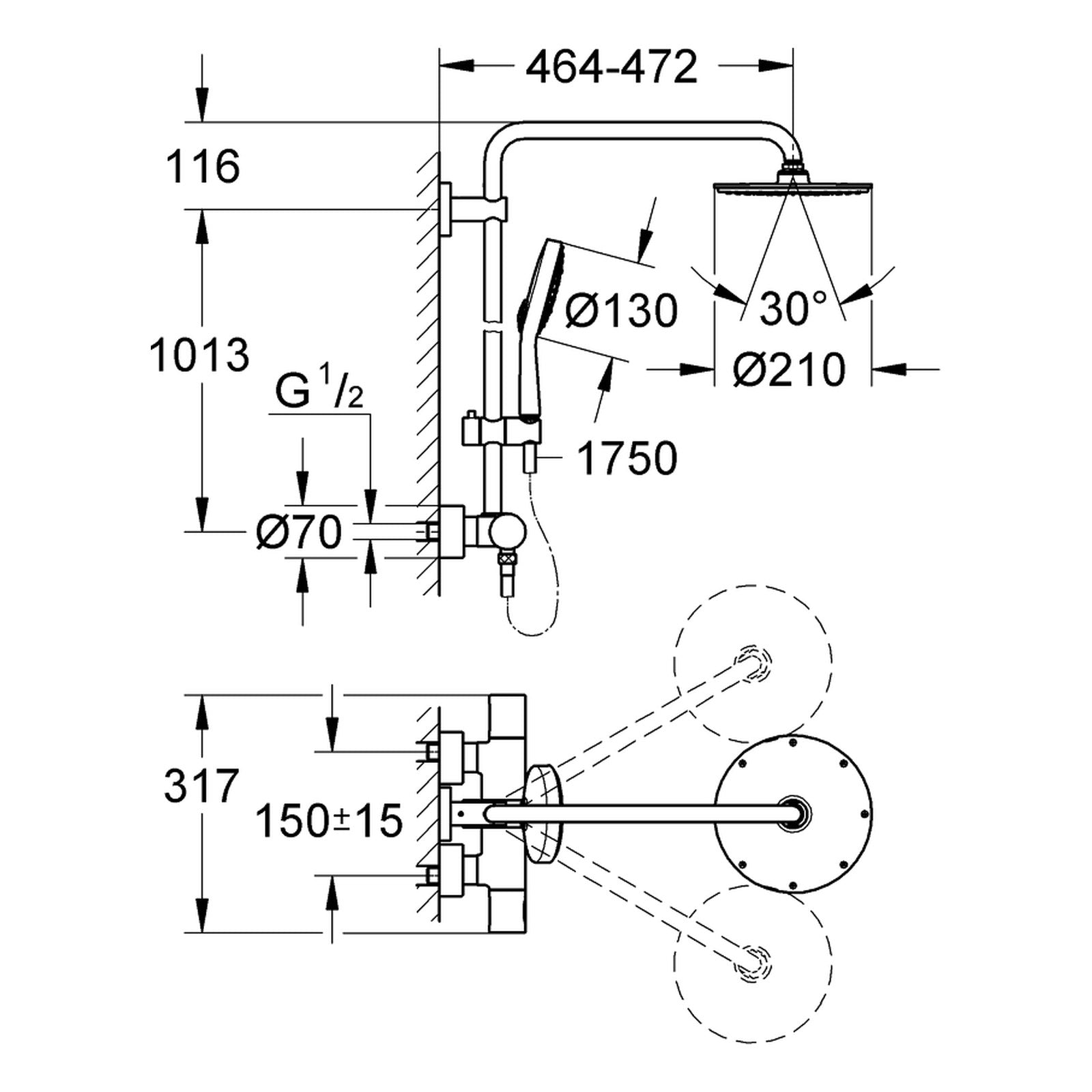 Maattekening Grohe Rainshower System 210 douchesysteem met thermostaatkraan