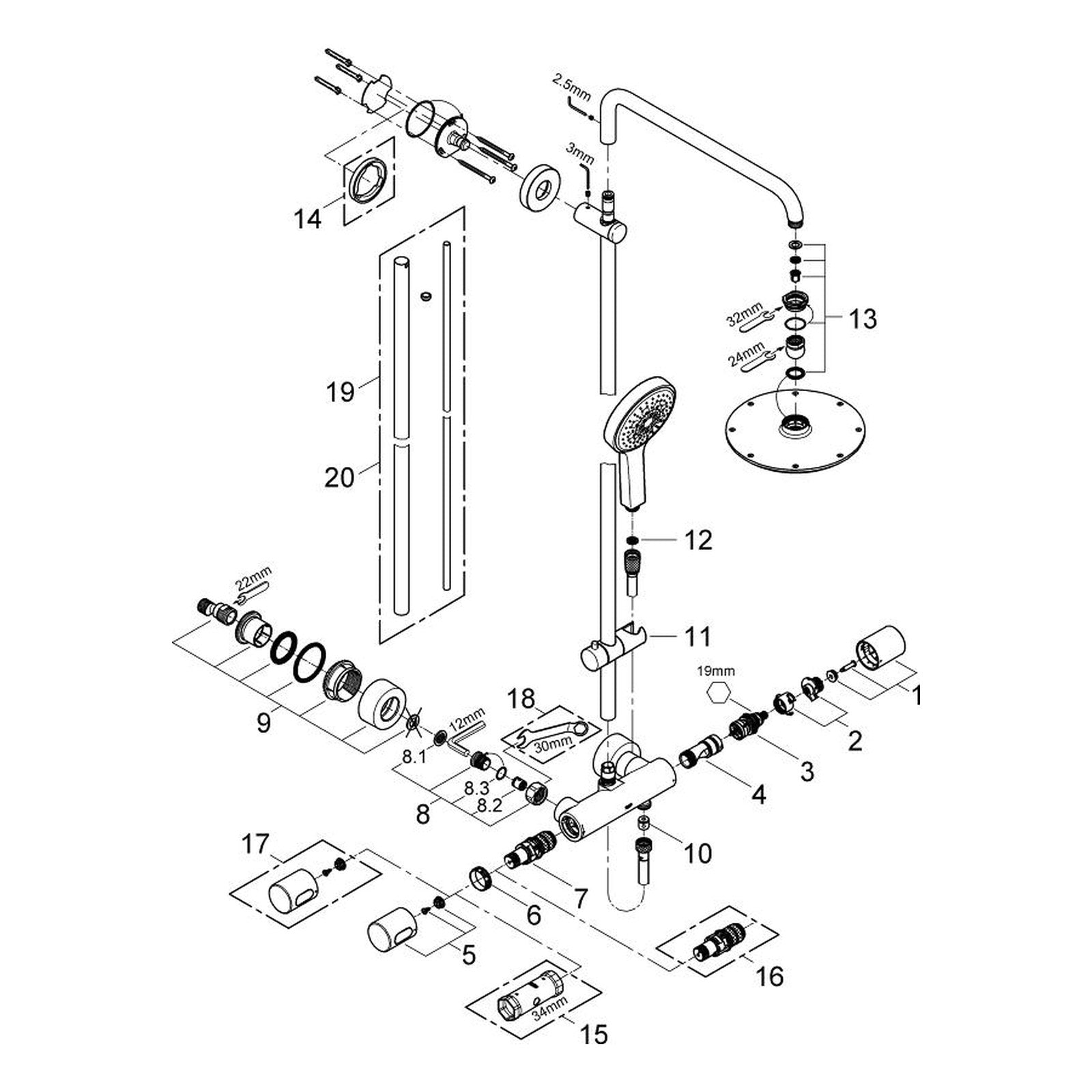Onderdelentekening Grohe Rainshower System 210 douchesysteem met thermostaatkraan 2012–2013