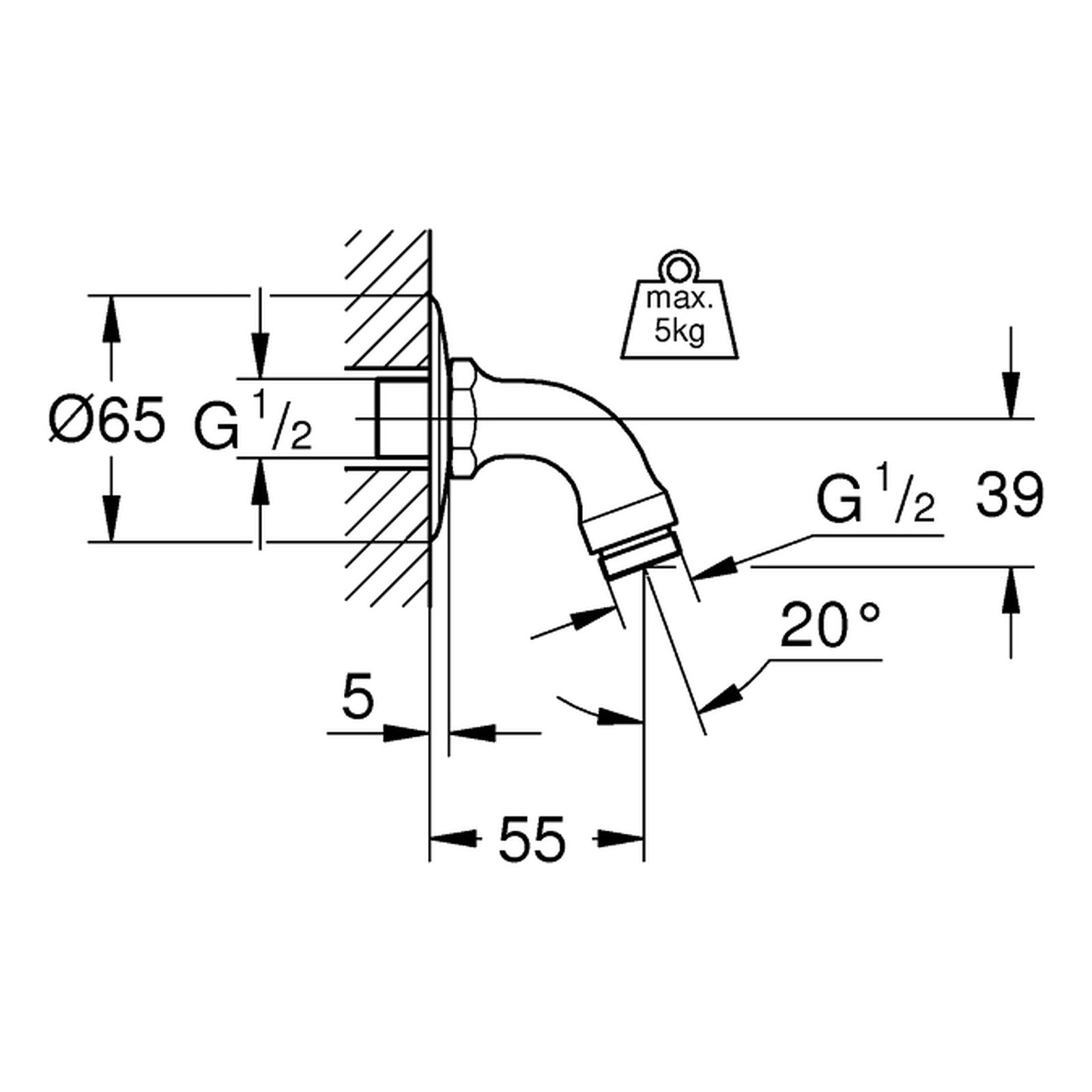 Maattekening Grohe Relexa douchearm 55 mm