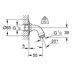 Maattekening Grohe Relexa douchearm 55 mm