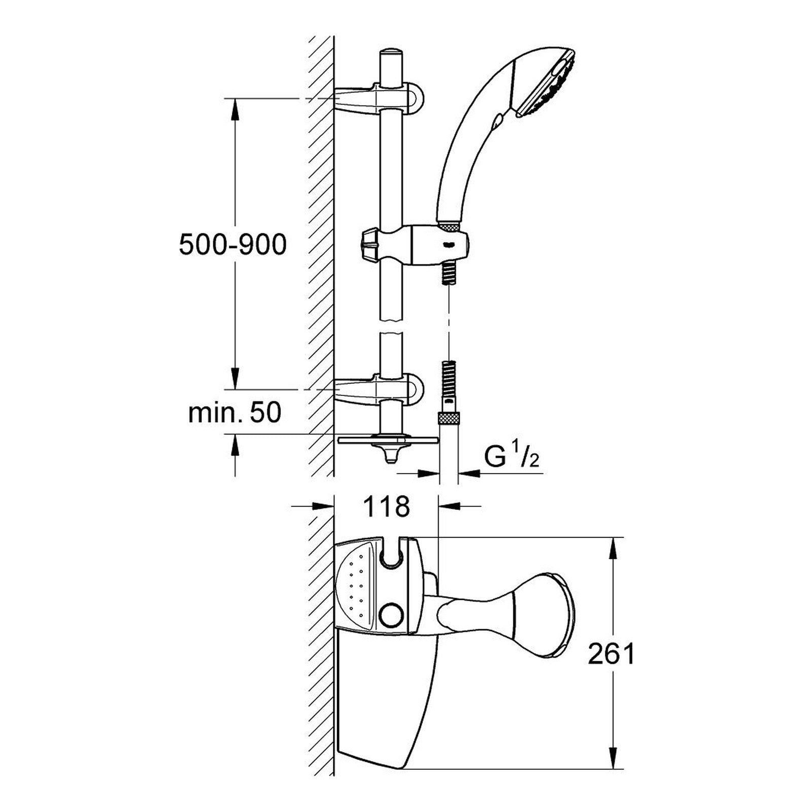 Maattekening Grohe Movario 100 Five doucheset 5 stralen