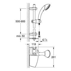 Maattekening Grohe Movario 100 Five doucheset 5 stralen