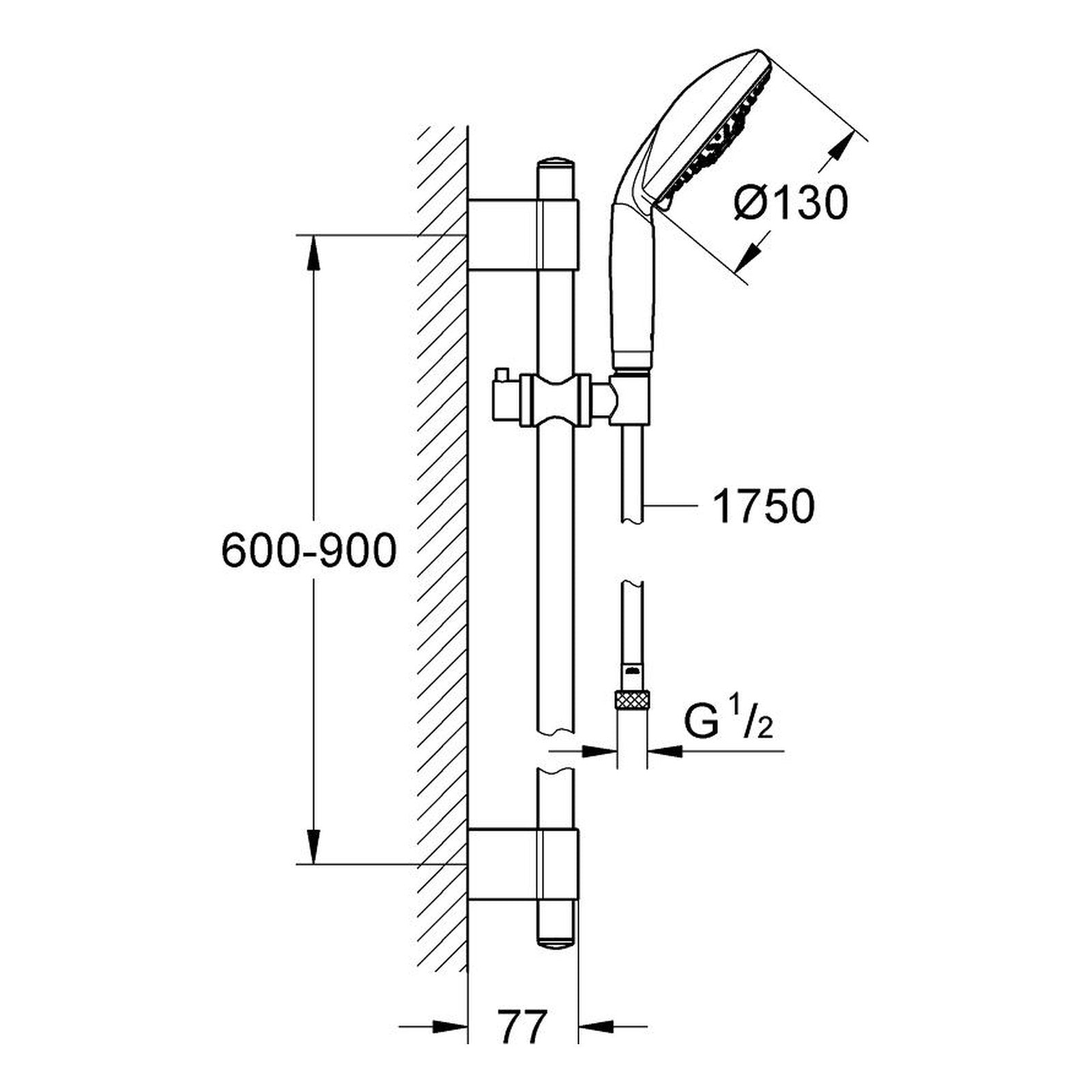Maattekening Grohe Rainshower Classic 130 doucheset 3 straalsoorten