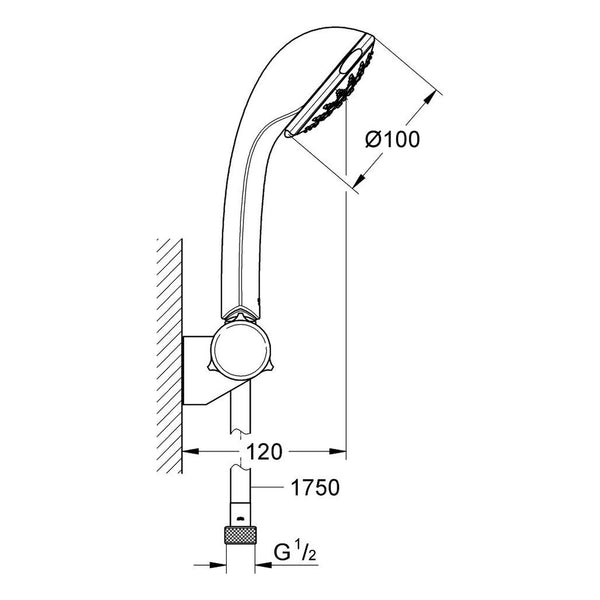 Maattekening Grohe Relexa 100 Champagne doucheset 4 stralen