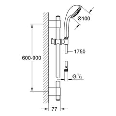 Maattekening Grohe Relexa 100 Champagne doucheset 4 straalsoorten