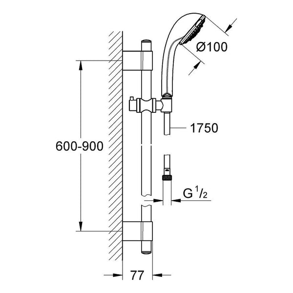 Maattekening Grohe Relexa 100 Trio doucheset 3 straalsoorten