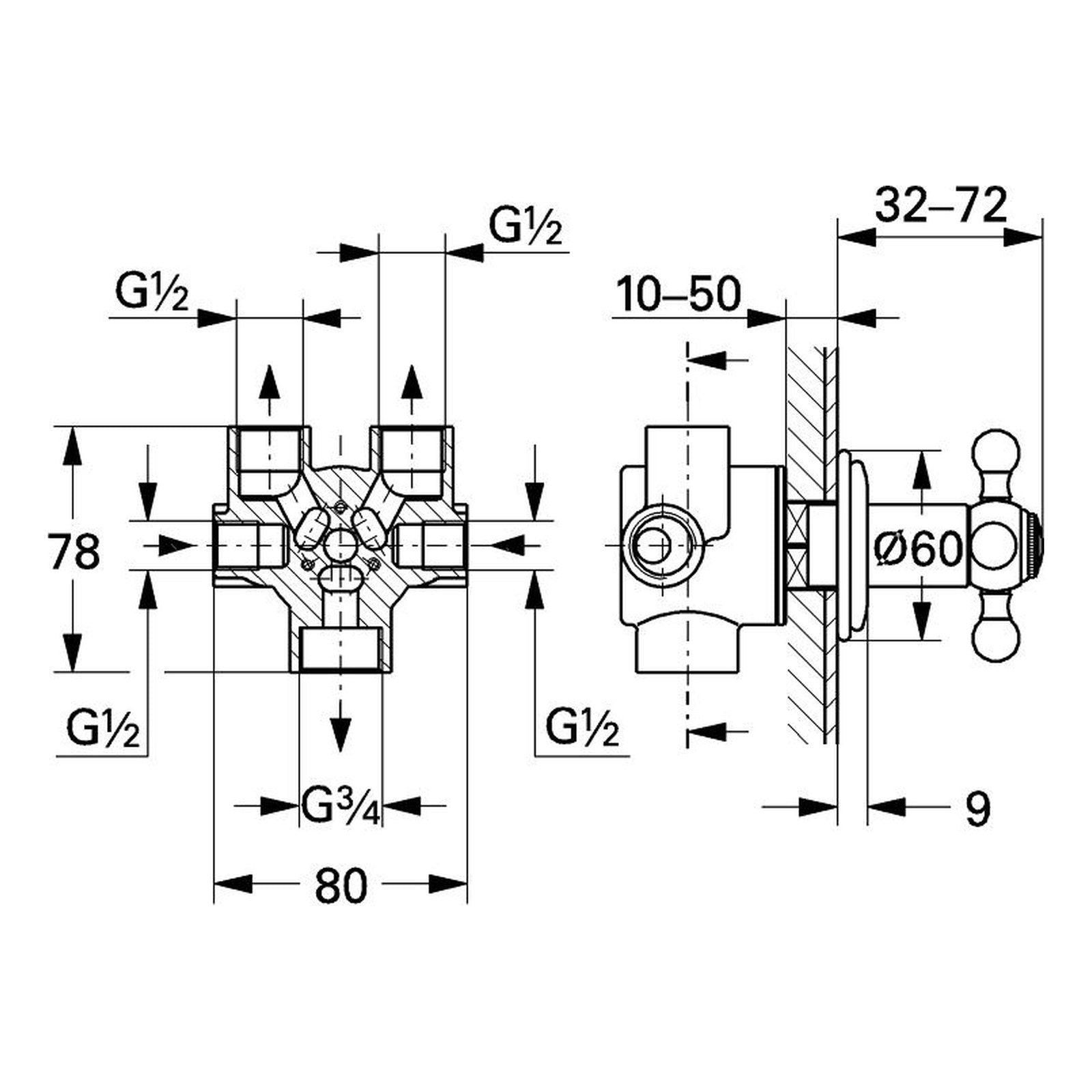 Maattekening Grohe Sinfonia vijfweg-omstelling