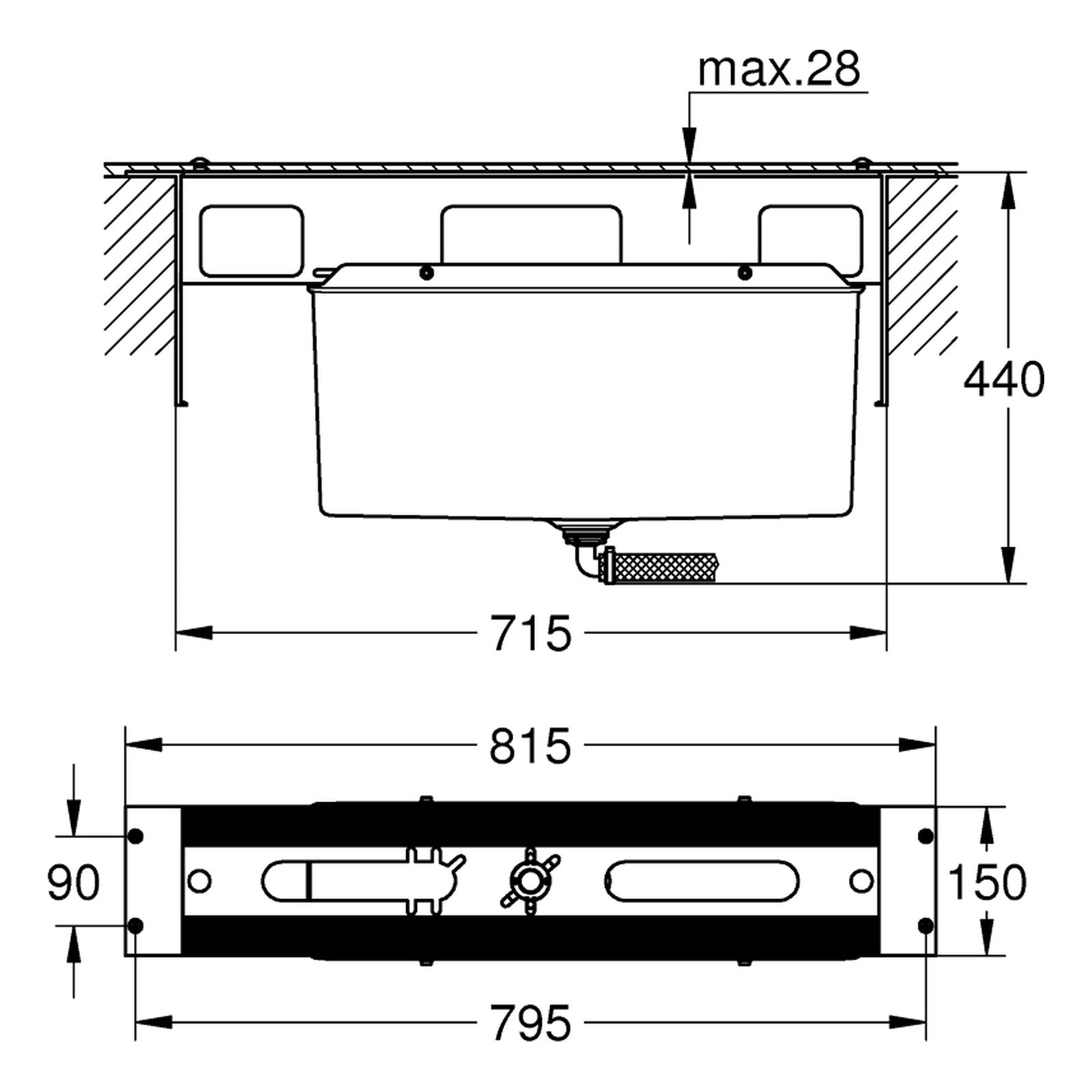 Maattekening Grohe inbouw vier- en vijfgats badrandcombinatie