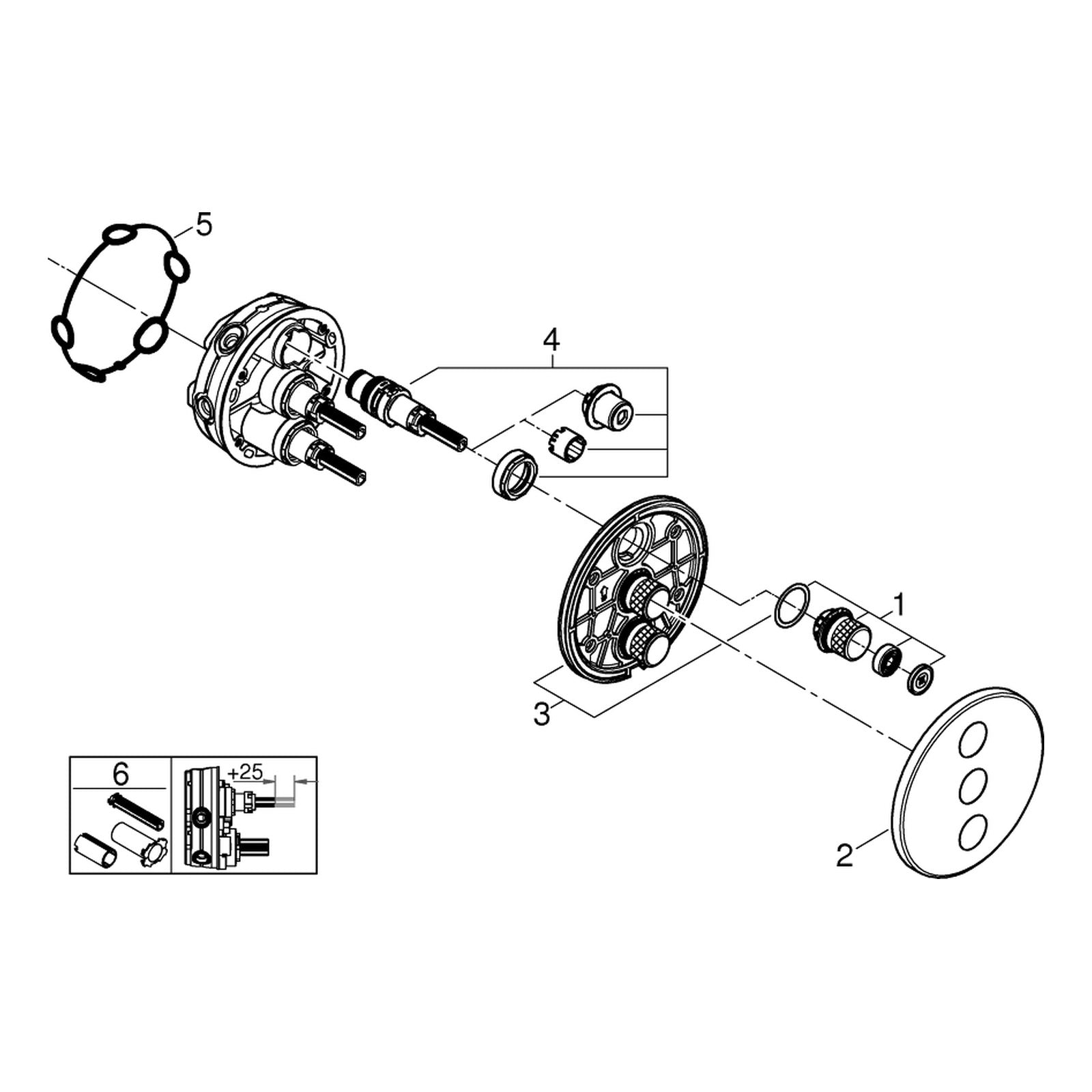 Onderdelentekening Grohe Grohtherm SmartControl drievoudig opbouwdeel volume (stopkraan)