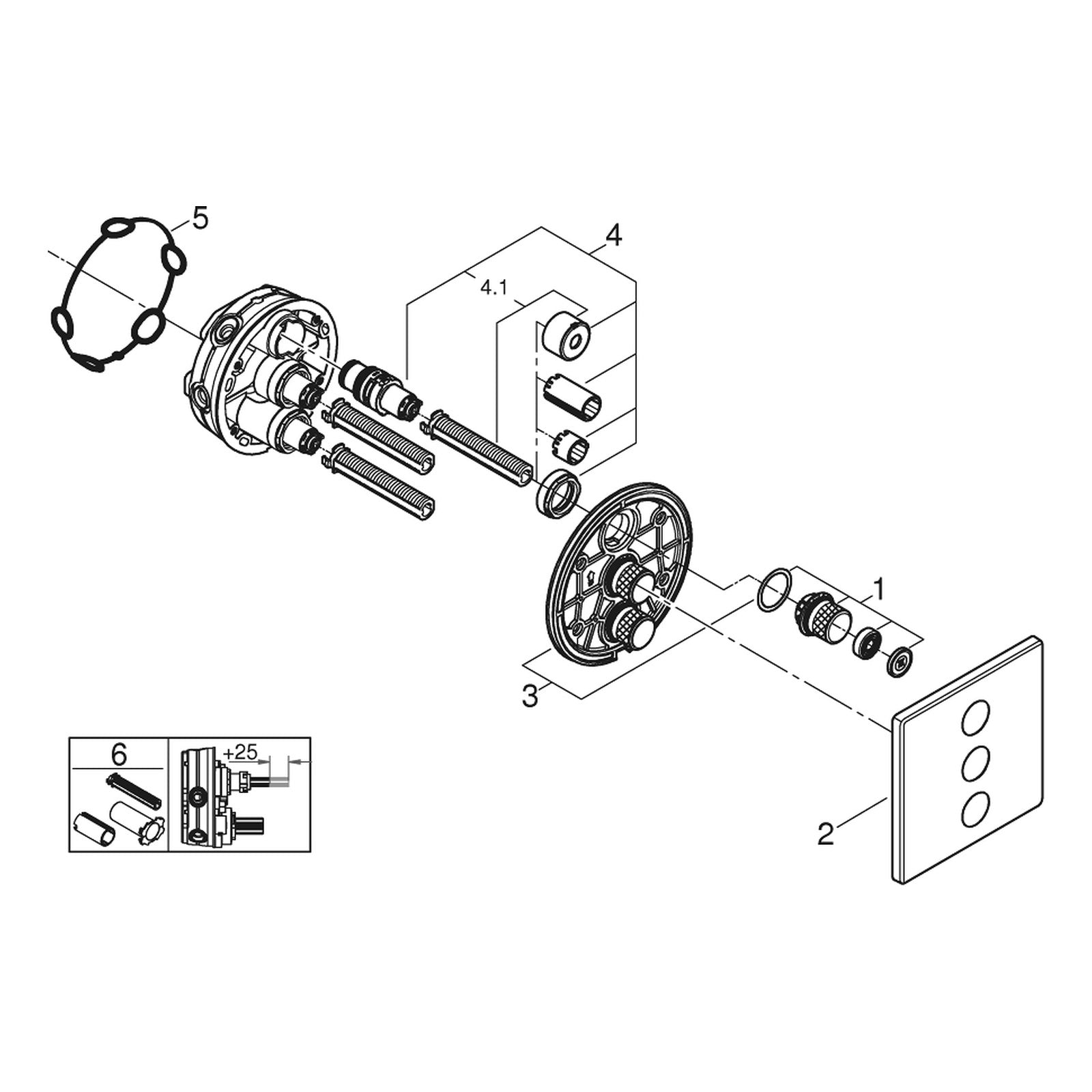 Onderdelentekening Grohe Grohtherm SmartControl drievoudig opbouwdeel volume (stopkraan)