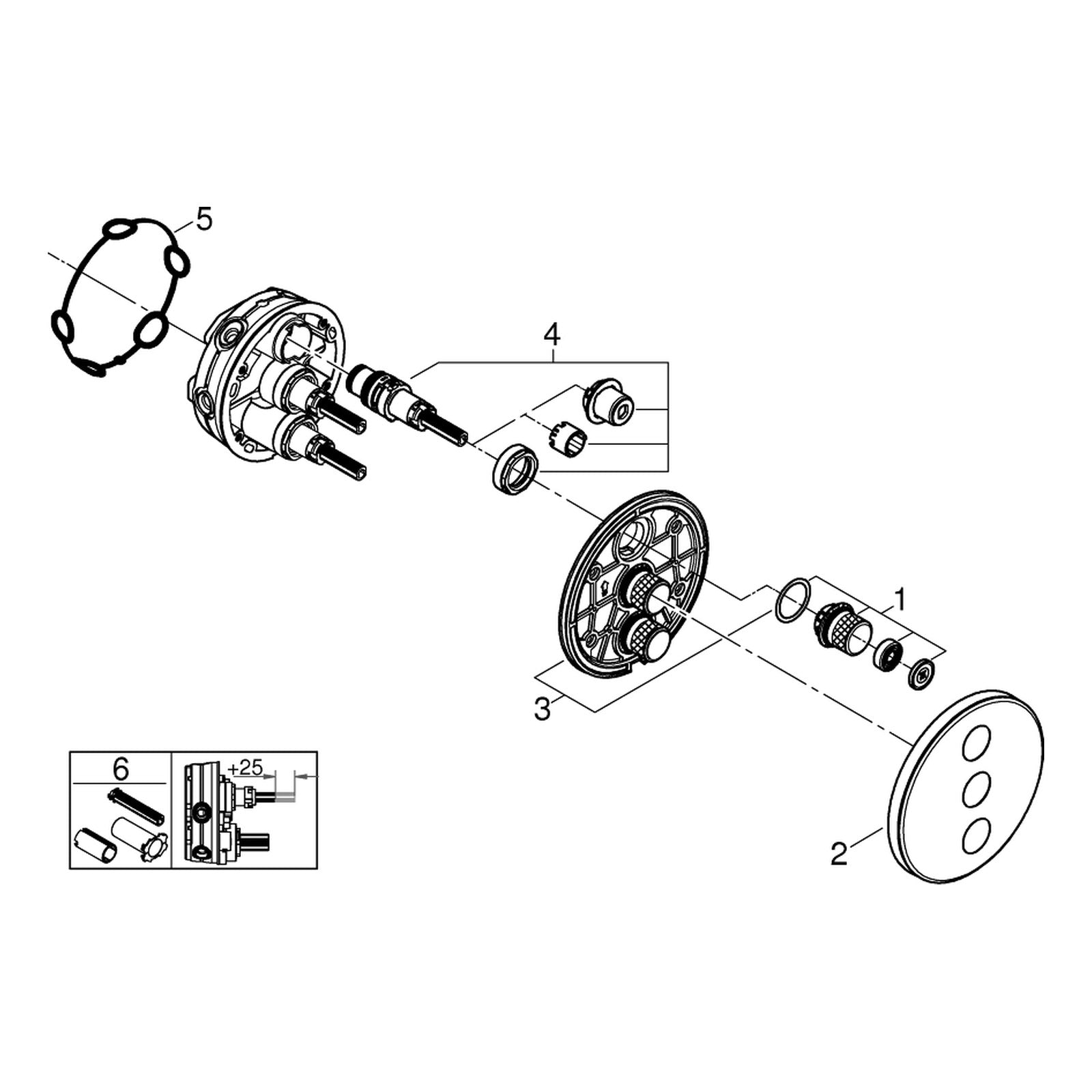 Onderdelentekening Grohe Grohtherm SmartControl drievoudig opbouwdeel volume (stopkraan)